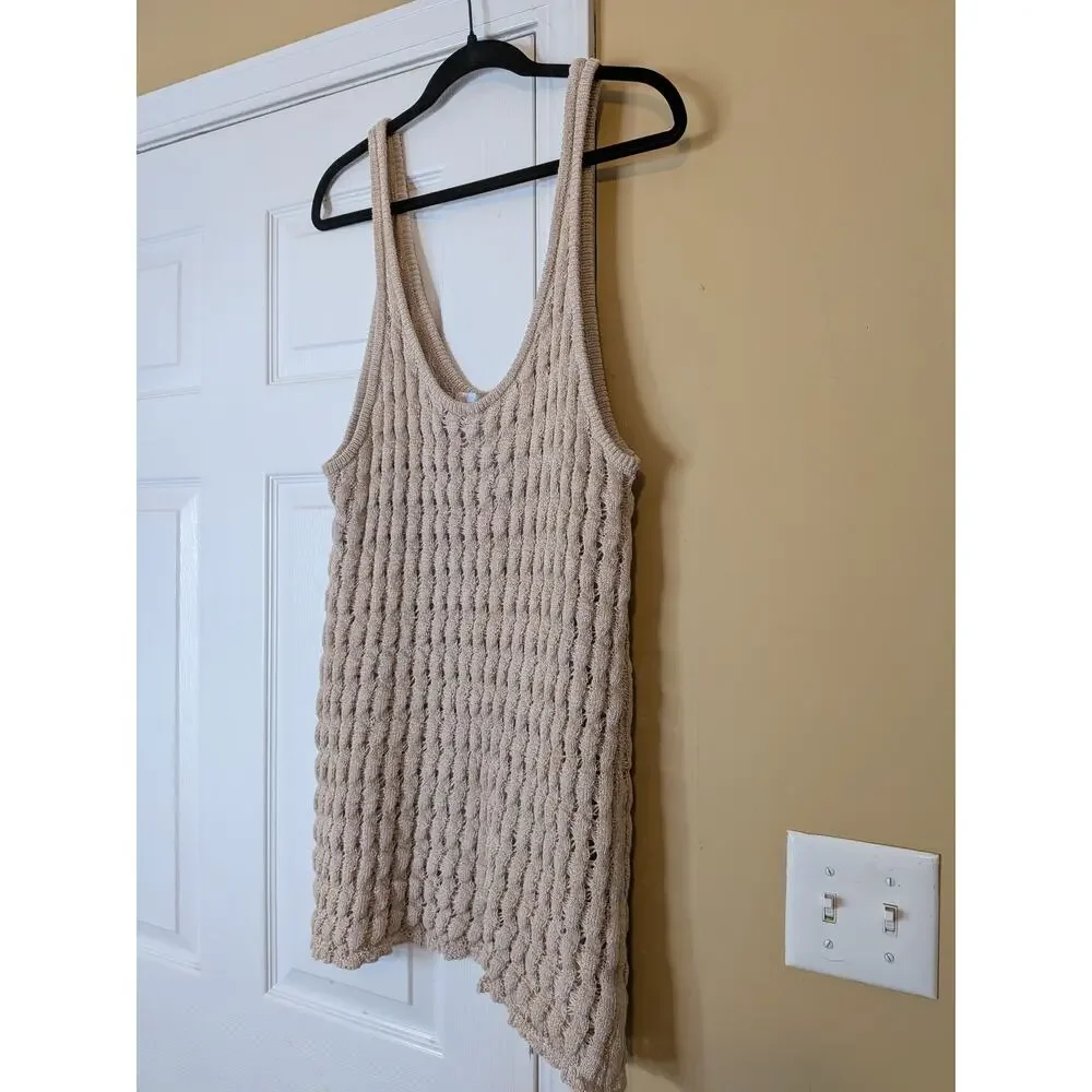 Free People Bonnie Sweater Tunic Size Medium Tan Crochet Knit Cover Up Boho